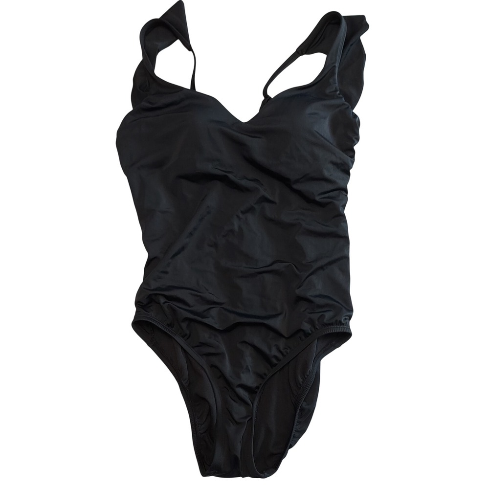 Black Ruched Ruffle One Piece Swimsuit Size L 12-14